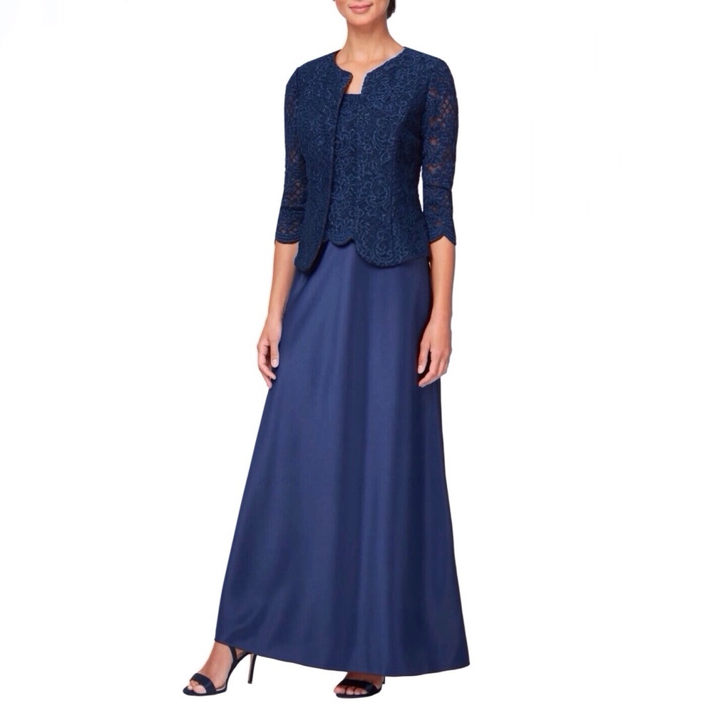 Alex Evenings Embroidered Lace Satin Two Piece Gown with Jacket Blue Size 16